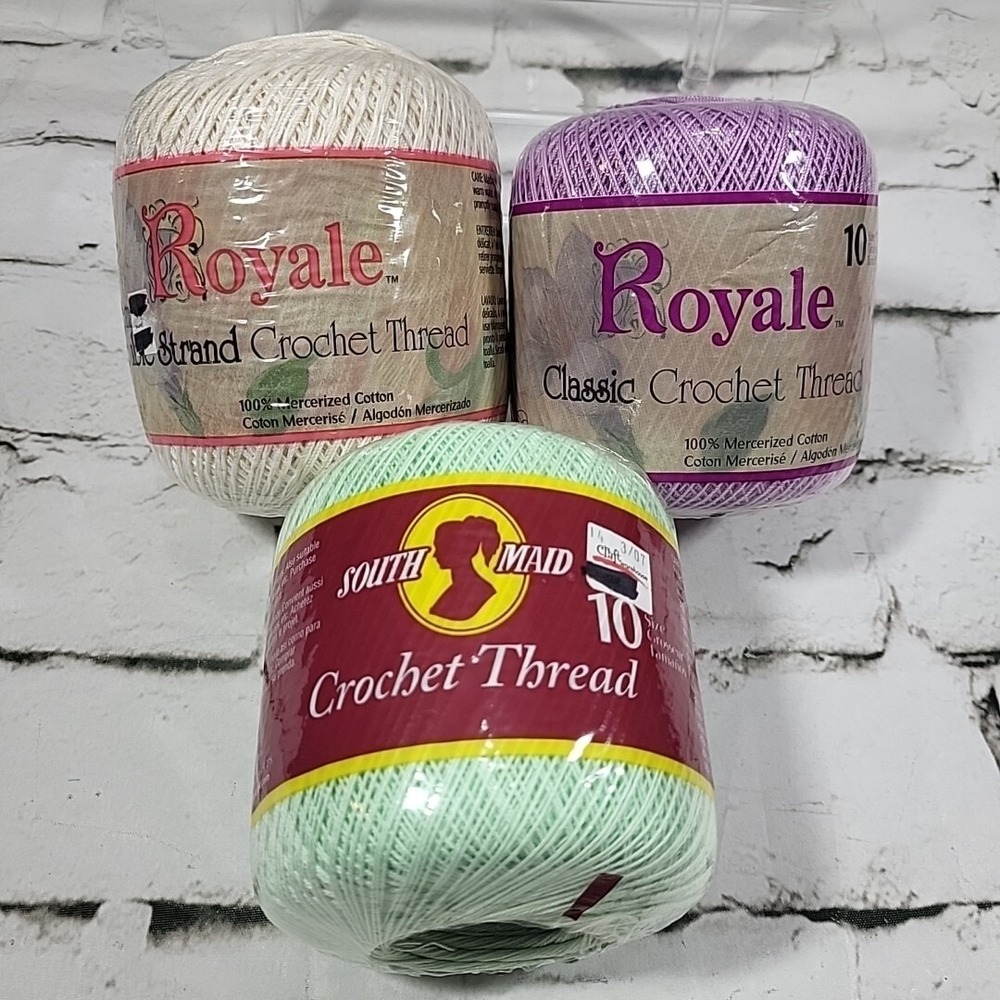 Royale Crochet Thread‎ Lot Of 3 Spools Natural White Violet Mint Green New